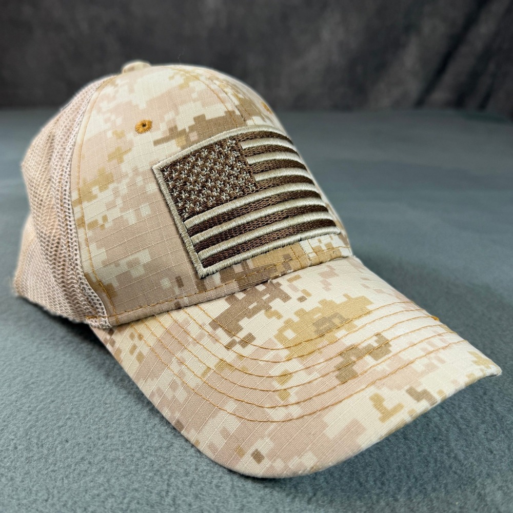 Digital Desert Camo American Flag Trucker Hat Tan Tactical Snapback Mesh Cap